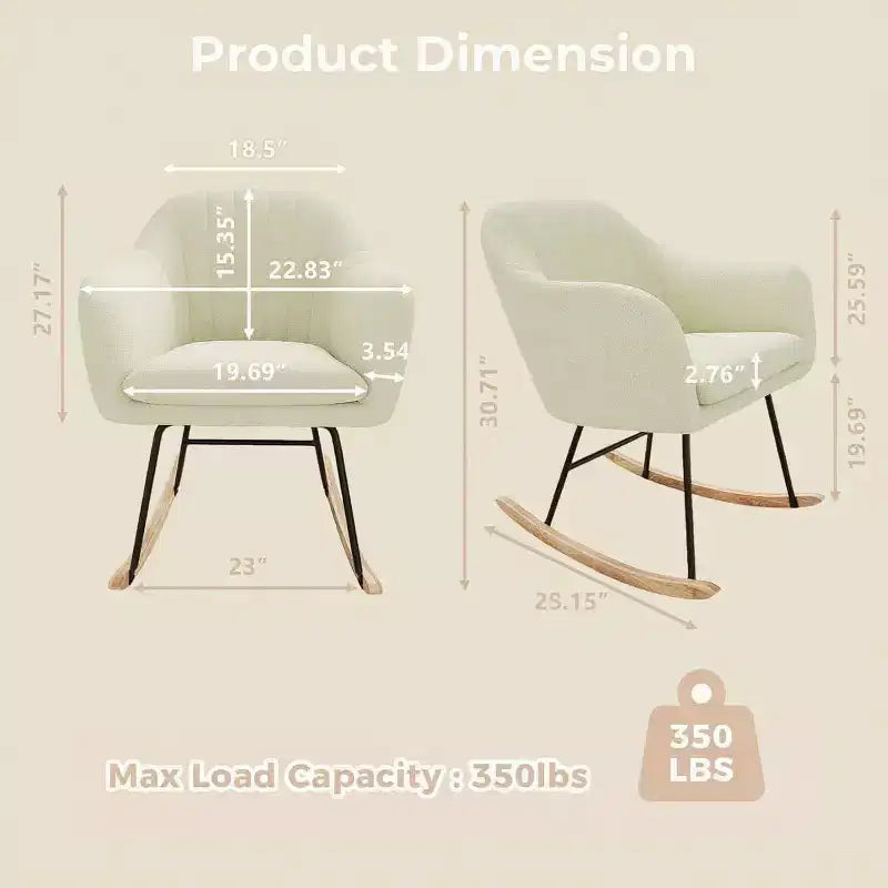 Fauteuil à bascule planeur rembourré avec dossier, bascule élégant avec siège rembourré, pieds en bois de caoutchouc, fauteuil d'appoint élégant pour bureau à domicile