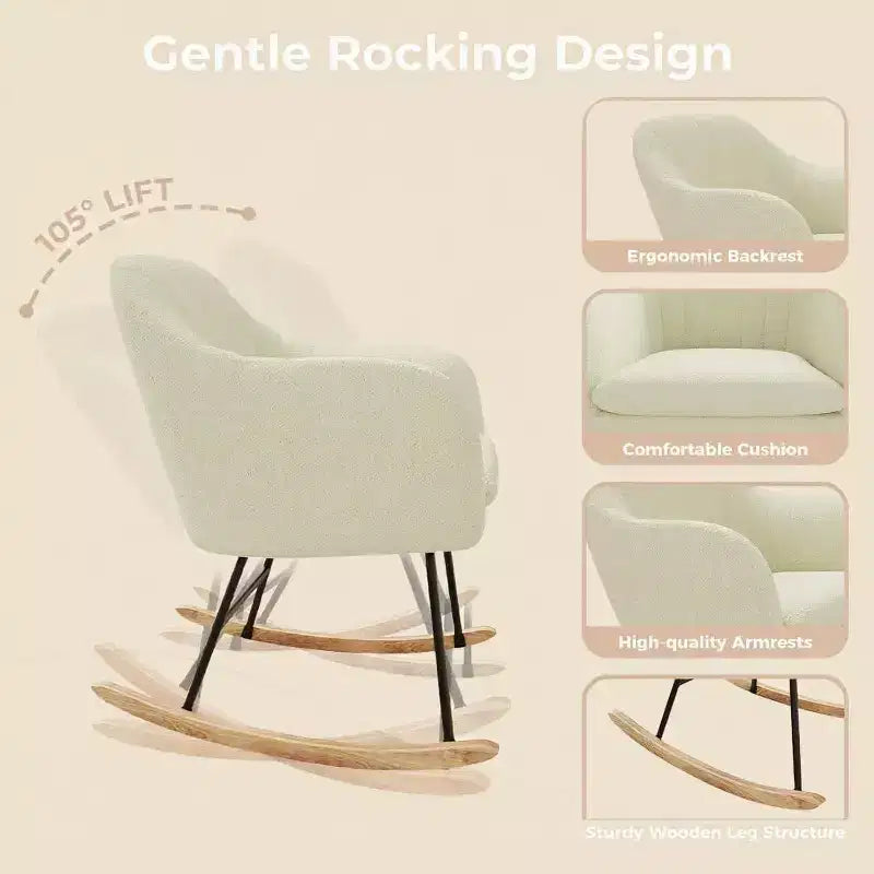 Fauteuil à bascule planeur rembourré avec dossier, bascule élégant avec siège rembourré, pieds en bois de caoutchouc, fauteuil d'appoint élégant pour bureau à domicile