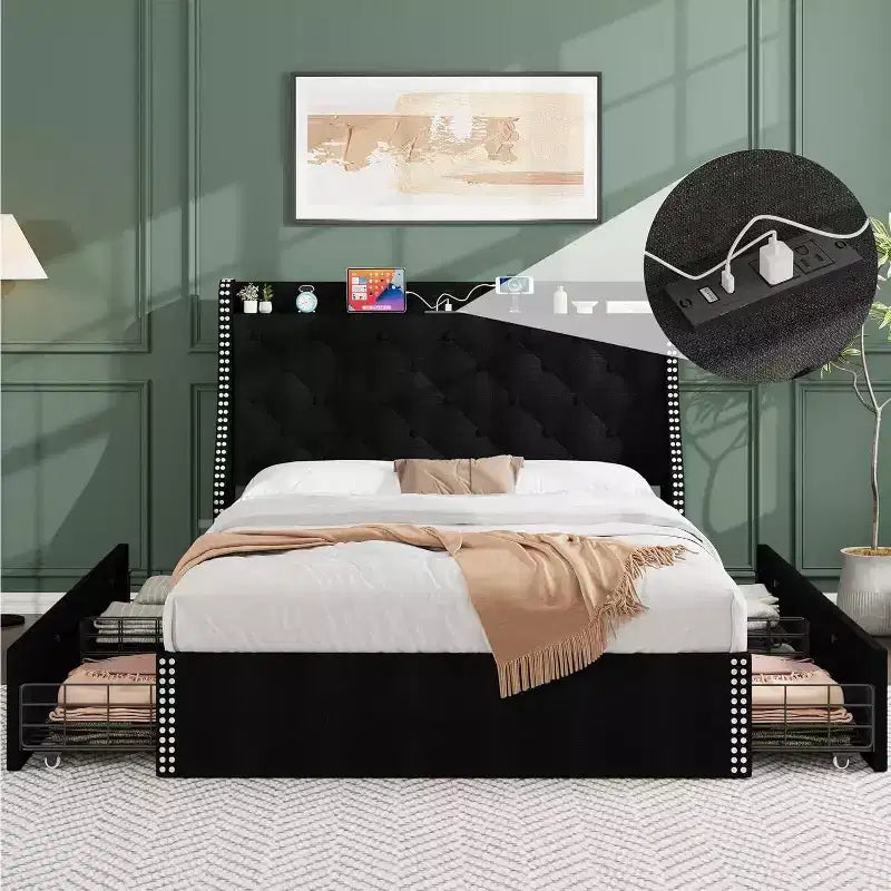Acekool 2 Pack Upholstered Platform Bed Frame with Storage Drawers, Charging Headboard