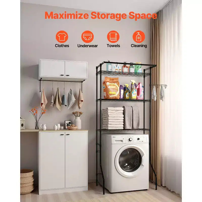 VEVOR Over Washer and Dryer Storage Shelf, 3 Tiers Laundry Room Drying Rack with Hanger Rod and Hooks, Single Row Washer Shelves Space Saver, Black