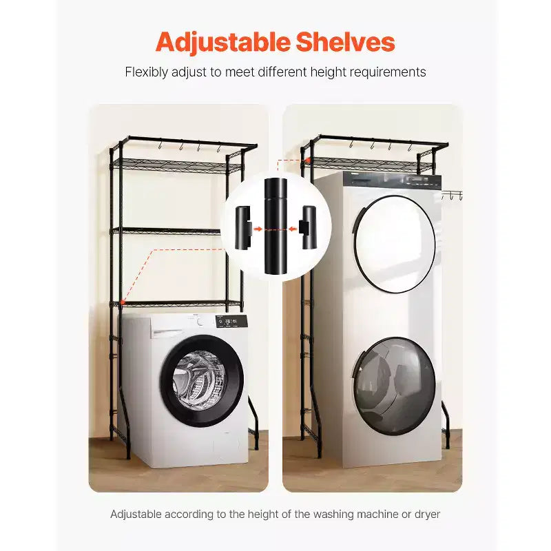 VEVOR Over Washer and Dryer Storage Shelf, 3 Tiers Laundry Room Drying Rack with Hanger Rod and Hooks, Single Row Washer Shelves Space Saver, Black