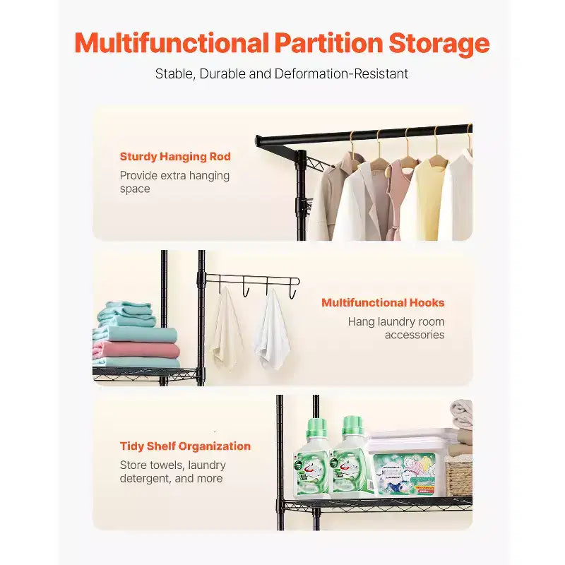 VEVOR Over Washer and Dryer Storage Shelf, 3 Tiers Laundry Room Drying Rack with Hanger Rod and Hooks, Single Row Washer Shelves Space Saver, Black