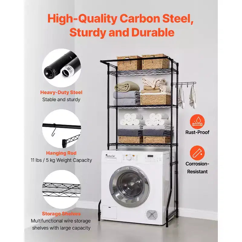 VEVOR Over Washer and Dryer Storage Shelf, 3 Tiers Laundry Room Drying Rack with Hanger Rod and Hooks, Single Row Washer Shelves Space Saver, Black