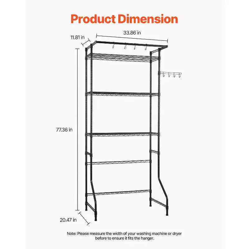 VEVOR Over Washer and Dryer Storage Shelf, 3 Tiers Laundry Room Drying Rack with Hanger Rod and Hooks, Single Row Washer Shelves Space Saver, Black
