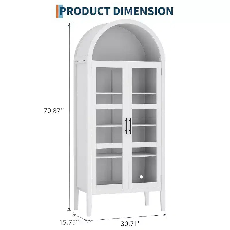 GustoWave 70 Armoire de Cuisine Haute Cintrée avec LED, Bibliothèque Cintrée en Bois avec Portes Vitrées et Étagères Réglables, Blanc Élégant