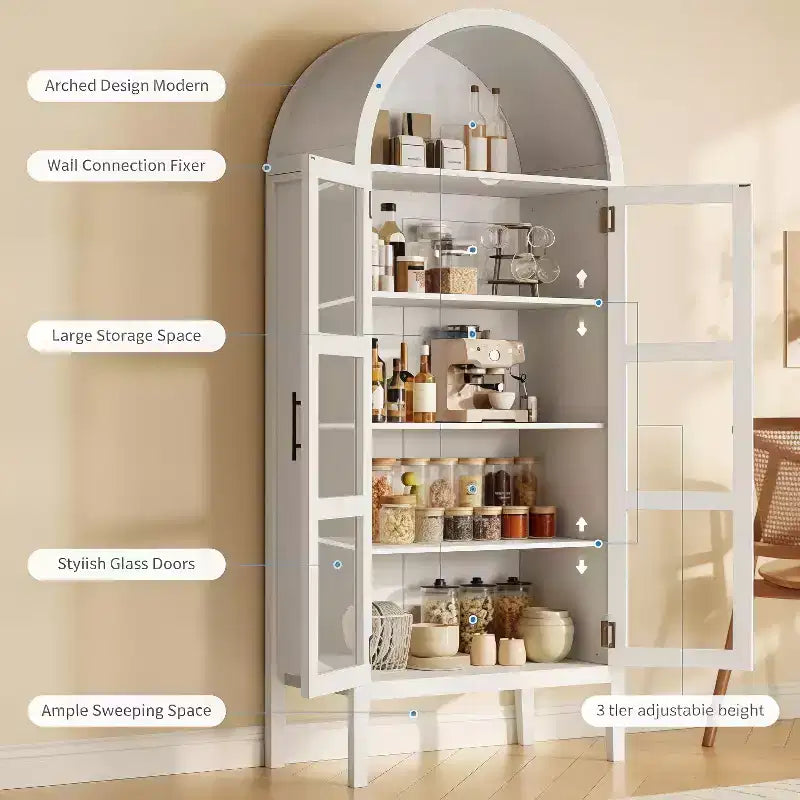 GustoWave 70 Armoire de Cuisine Haute Cintrée avec LED, Bibliothèque Cintrée en Bois avec Portes Vitrées et Étagères Réglables, Blanc Élégant
