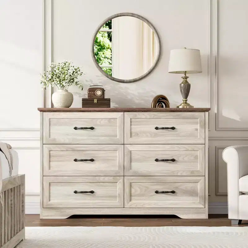 Commode à 6 tiroirs pour chambre à coucher, commode avec poignée métallique large, commode en bois moderne de style rustique, texture naturelle, organisateur de rangement pour chambre à coucher