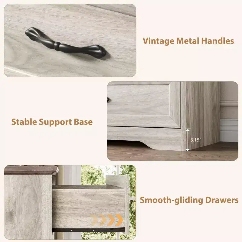 Commode à 6 tiroirs pour chambre à coucher, commode avec poignée métallique large, commode en bois moderne de style rustique, texture naturelle, organisateur de rangement pour chambre à coucher