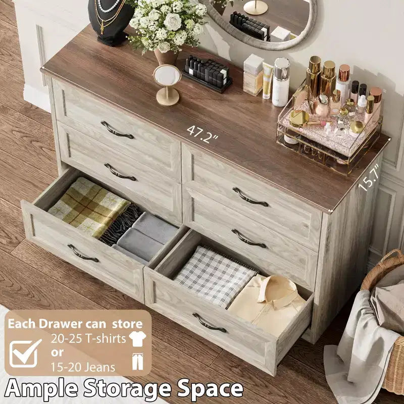 Commode à 6 tiroirs pour chambre à coucher, commode avec poignée métallique large, commode en bois moderne de style rustique, texture naturelle, organisateur de rangement pour chambre à coucher