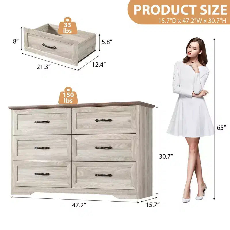 Commode à 6 tiroirs pour chambre à coucher, commode avec poignée métallique large, commode en bois moderne de style rustique, texture naturelle, organisateur de rangement pour chambre à coucher