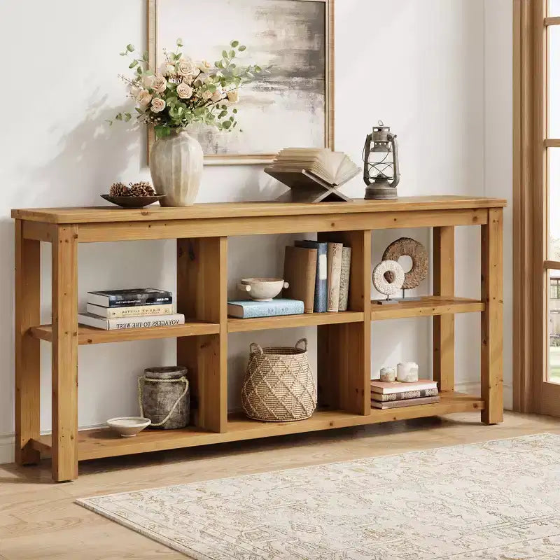 Lantine 63-Inch Solid Wood Console Table, 3-Tier Farmhouse Sofa Table Entryway Table with 6 Storage Cubes for Living Room, Hallway