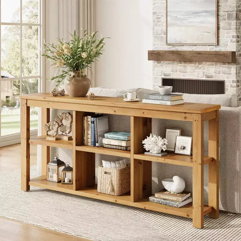Console en bois massif Lantine de 63 pouces, table de canapé de ferme à 3 niveaux avec 6 cubes de rangement pour salon, couloir