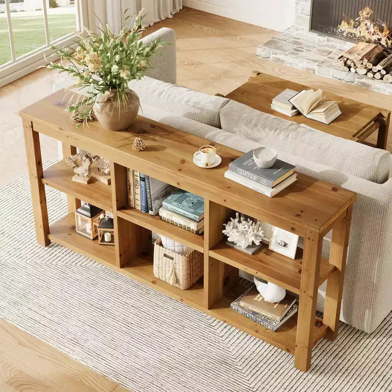 Console en bois massif Lantine de 63 pouces, table de canapé de ferme à 3 niveaux avec 6 cubes de rangement pour salon, couloir