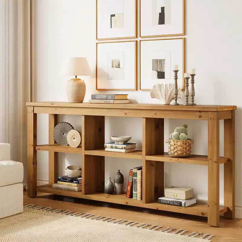 Console en bois massif Lantine de 63 pouces, table de canapé de ferme à 3 niveaux avec 6 cubes de rangement pour salon, couloir