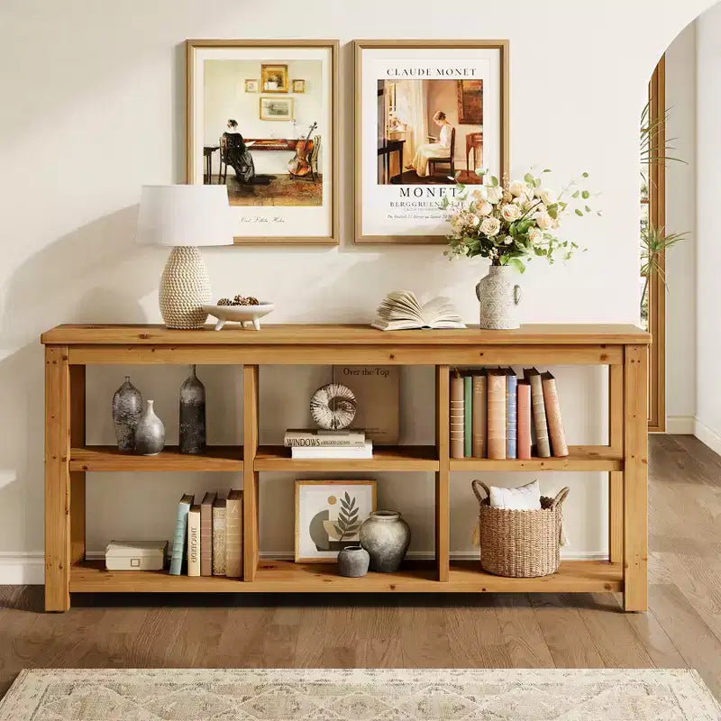 Console en bois massif Lantine de 63 pouces, table de canapé de ferme à 3 niveaux avec 6 cubes de rangement pour salon, couloir