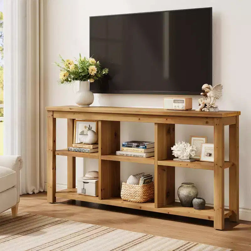 Console en bois massif Lantine de 63 pouces, table de canapé de ferme à 3 niveaux avec 6 cubes de rangement pour salon, couloir