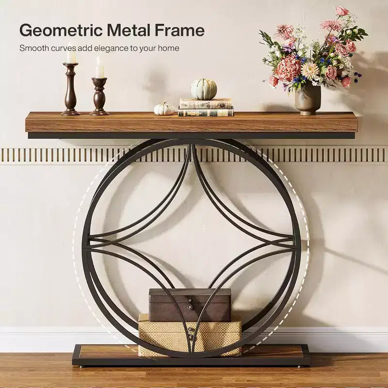 Lantine 47Console Table, Table console à 2 niveaux avec cadre métallique géométrique, Tables d'entrée étroites avec étagère de rangement pour salon, Brun rustique