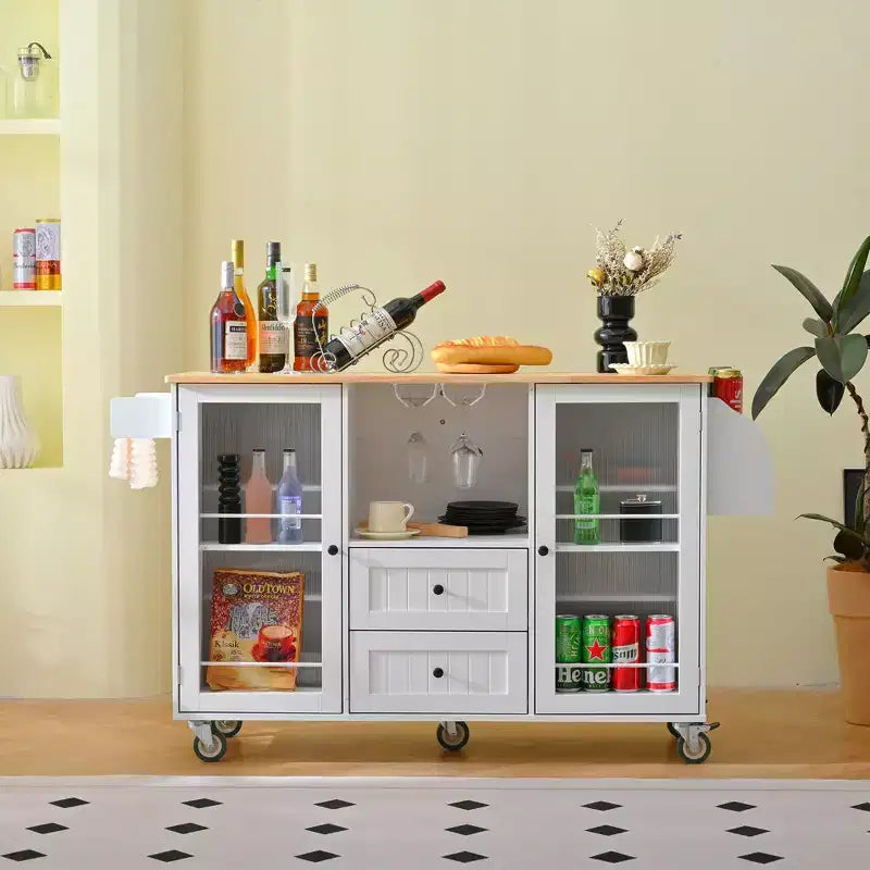 Portable Mobile Kitchen Island with Storage, 50 W Rolling Wood Kitchen Island Cart with Drop Leaf &Lockable Wheels &Drawers & Spice Rack &Towel Rack
