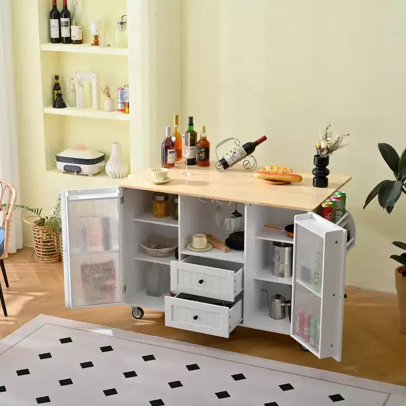 Îlot de cuisine mobile portable avec rangement, chariot d'îlot de cuisine roulant en bois de 50 W avec abattant, roulettes verrouillables, tiroirs, porte-épices et porte-serviettes