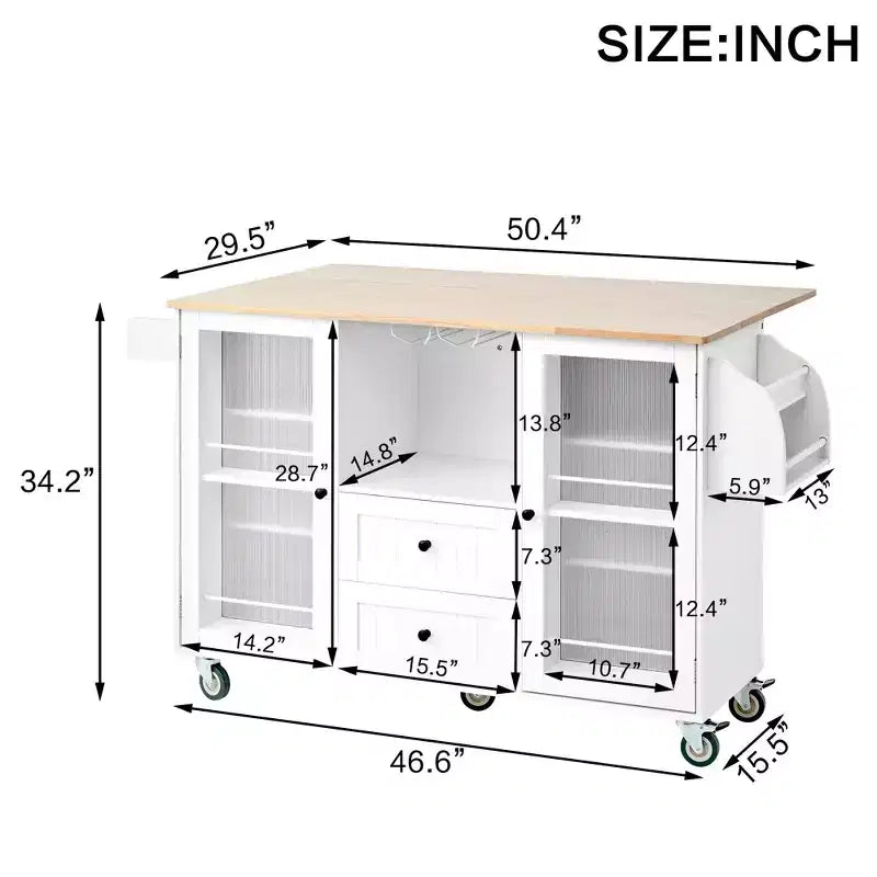 Îlot de cuisine mobile portable avec rangement, chariot d'îlot de cuisine roulant en bois de 50 W avec abattant, roulettes verrouillables, tiroirs, porte-épices et porte-serviettes
