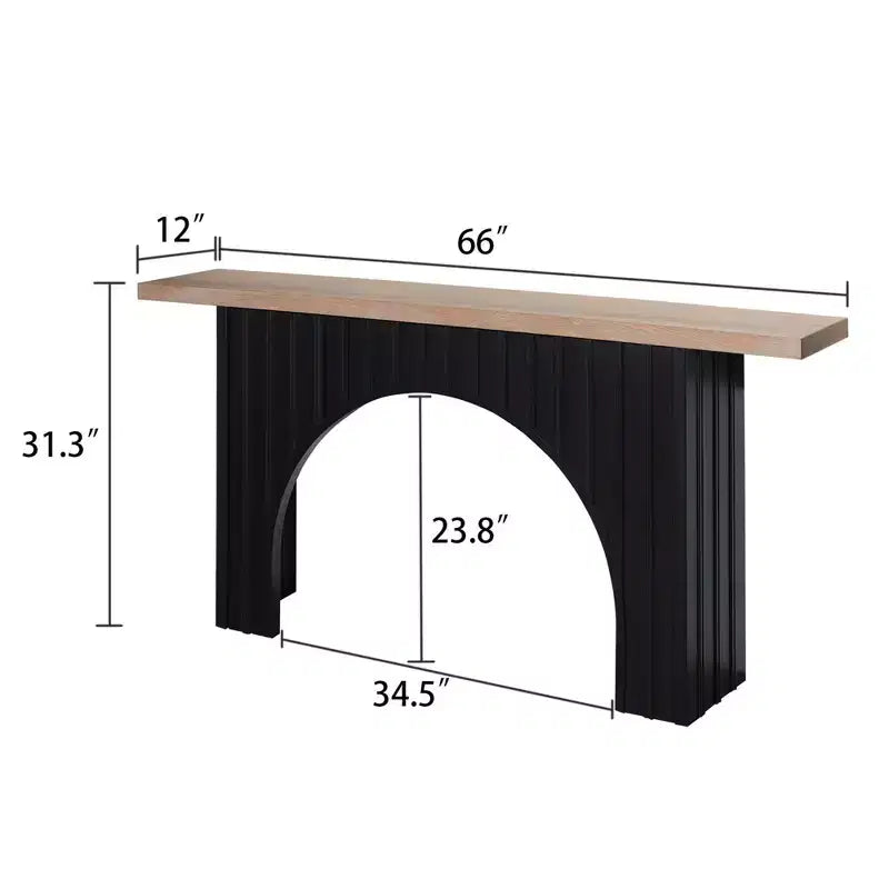 Table Console Minimaliste Okak 66IN avec Plateau en Bois, Table d'Entrée Moderne avec Base en Arc, Table d'Appoint pour Couloir, Salon, Noir+Naturel
