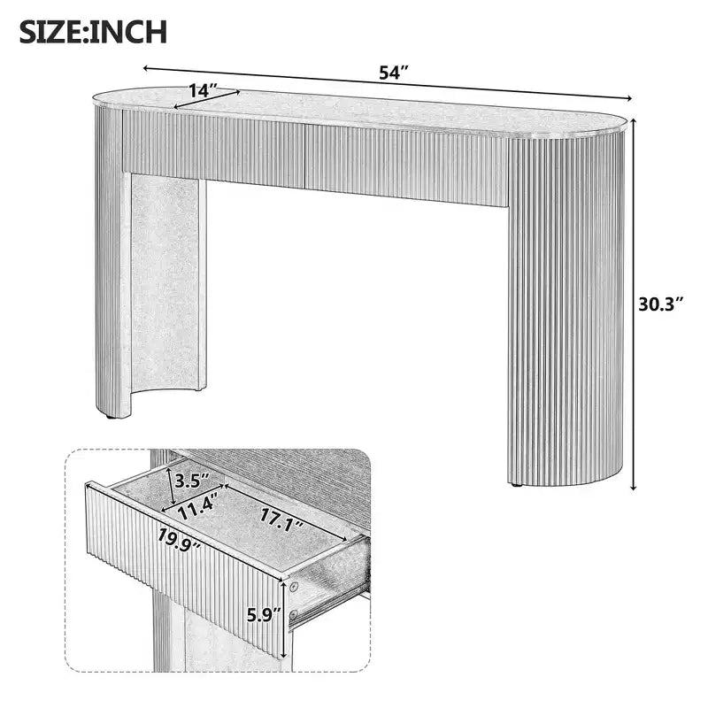 Table console moderne Okak 54 po avec design cannelé, table d'entrée avec 2 tiroirs de rangement et plateau ovale, table d'appoint pour couloir, salon, marine