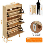 Oak 3-Tier Shoe Cabinet C Narrow Flip-Drawer Rattan Organizer for Entryway/Hallway (3 Drawers, Space-Saving Design)