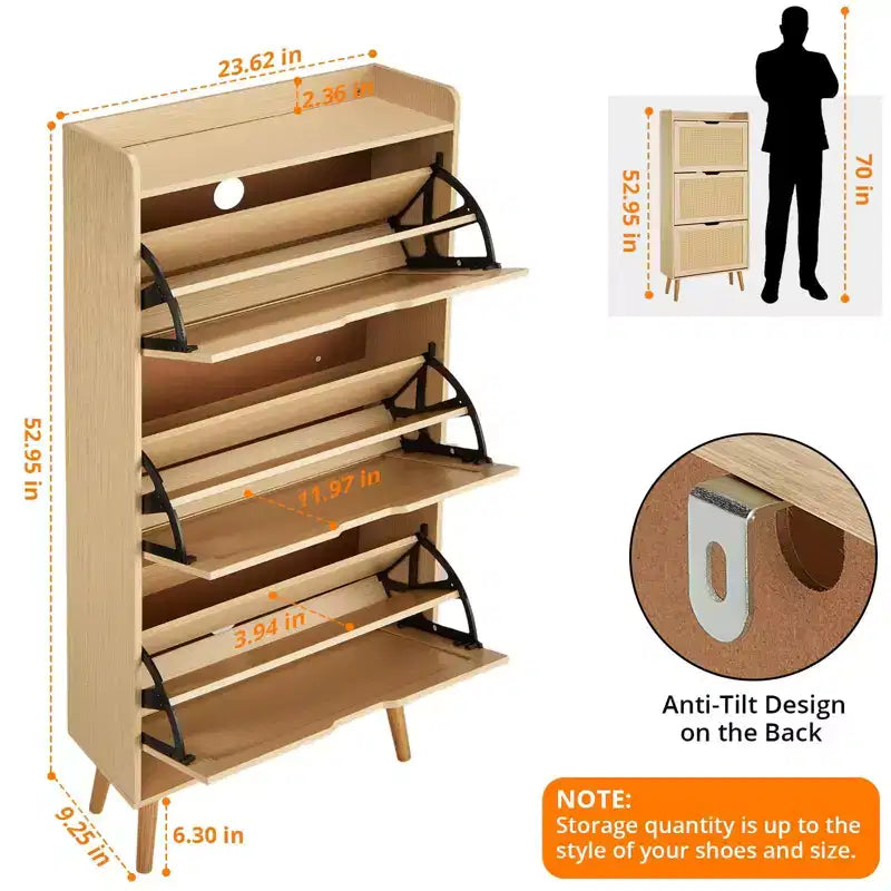Oak 3-Tier Shoe Cabinet C Narrow Flip-Drawer Rattan Organizer for Entryway/Hallway (3 Drawers, Space-Saving Design)