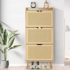 Oak 3-Tier Shoe Cabinet C Narrow Flip-Drawer Rattan Organizer for Entryway/Hallway (3 Drawers, Space-Saving Design)