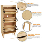 Oak 3-Tier Shoe Cabinet C Narrow Flip-Drawer Rattan Organizer for Entryway/Hallway (3 Drawers, Space-Saving Design)