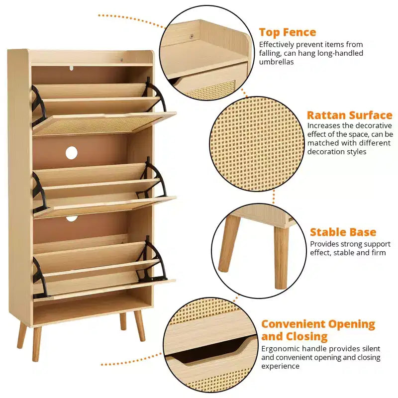 Oak 3-Tier Shoe Cabinet C Narrow Flip-Drawer Rattan Organizer for Entryway/Hallway (3 Drawers, Space-Saving Design)