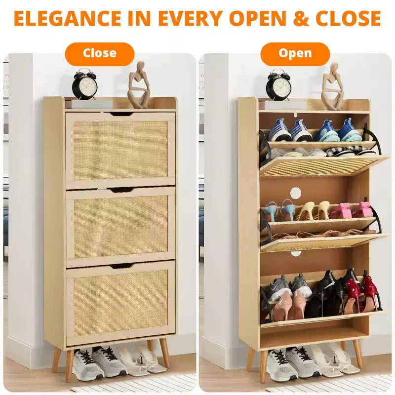 Oak 3-Tier Shoe Cabinet C Narrow Flip-Drawer Rattan Organizer for Entryway/Hallway (3 Drawers, Space-Saving Design)