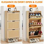 Oak 3-Tier Shoe Cabinet C Narrow Flip-Drawer Rattan Organizer for Entryway/Hallway (3 Drawers, Space-Saving Design)