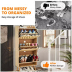 Oak 3-Tier Shoe Cabinet C Narrow Flip-Drawer Rattan Organizer for Entryway/Hallway (3 Drawers, Space-Saving Design)