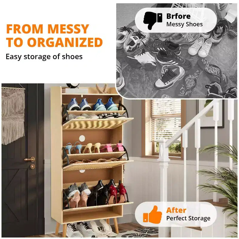 Oak 3-Tier Shoe Cabinet C Narrow Flip-Drawer Rattan Organizer for Entryway/Hallway (3 Drawers, Space-Saving Design)