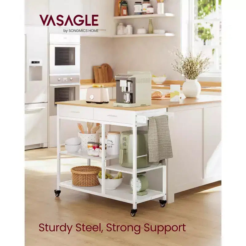 Desserte de cuisine mobile avec 2 tiroirs et porte-serviettes, chariot de rangement roulant de 98,5 cm avec roues verrouillables, chêne beige et blanc
