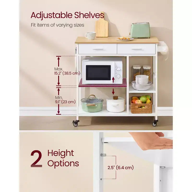 Desserte de cuisine mobile avec 2 tiroirs et porte-serviettes, chariot de rangement roulant de 98,5 cm avec roues verrouillables, chêne beige et blanc
