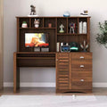 Okak 59.06IN Home Office Desks with Bookshelf, Standing Desk with 3 Drawers and 1 Cabinet Door, Computer Desk for Study, Reading Room, Walnut