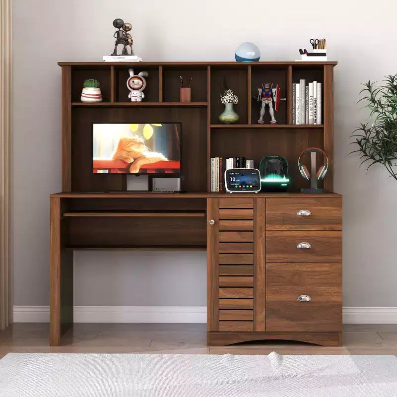Okak 59.06IN Home Office Desks with Bookshelf, Standing Desk with 3 Drawers and 1 Cabinet Door, Computer Desk for Study, Reading Room, Walnut