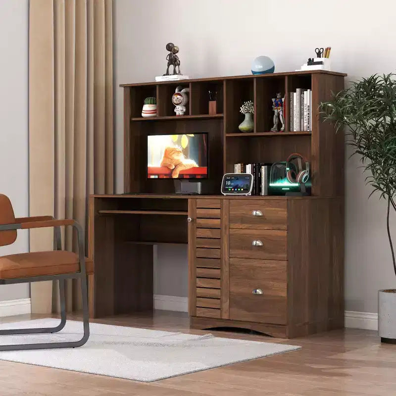 Bureau de télétravail Okak 59.06IN avec étagère, bureau debout avec 3 tiroirs et 1 porte d'armoire, bureau d'ordinateur pour étude, salle de lecture, noyer