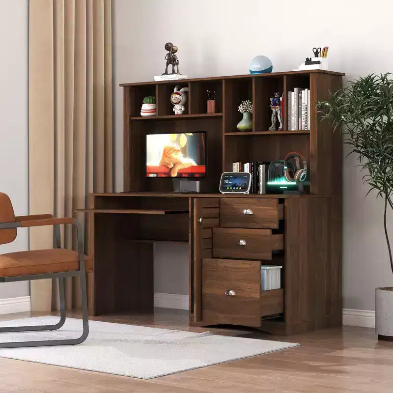 Bureau de télétravail Okak 59.06IN avec étagère, bureau debout avec 3 tiroirs et 1 porte d'armoire, bureau d'ordinateur pour étude, salle de lecture, noyer