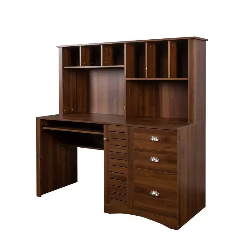 Bureau de télétravail Okak 59.06IN avec étagère, bureau debout avec 3 tiroirs et 1 porte d'armoire, bureau d'ordinateur pour étude, salle de lecture, noyer
