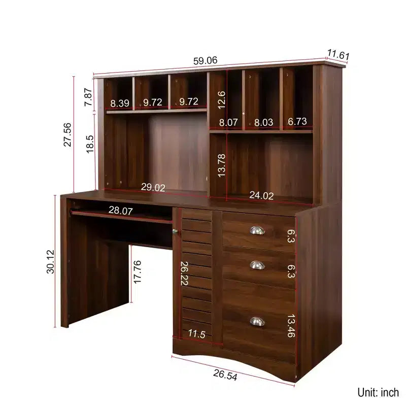 Bureau de télétravail Okak 59.06IN avec étagère, bureau debout avec 3 tiroirs et 1 porte d'armoire, bureau d'ordinateur pour étude, salle de lecture, noyer