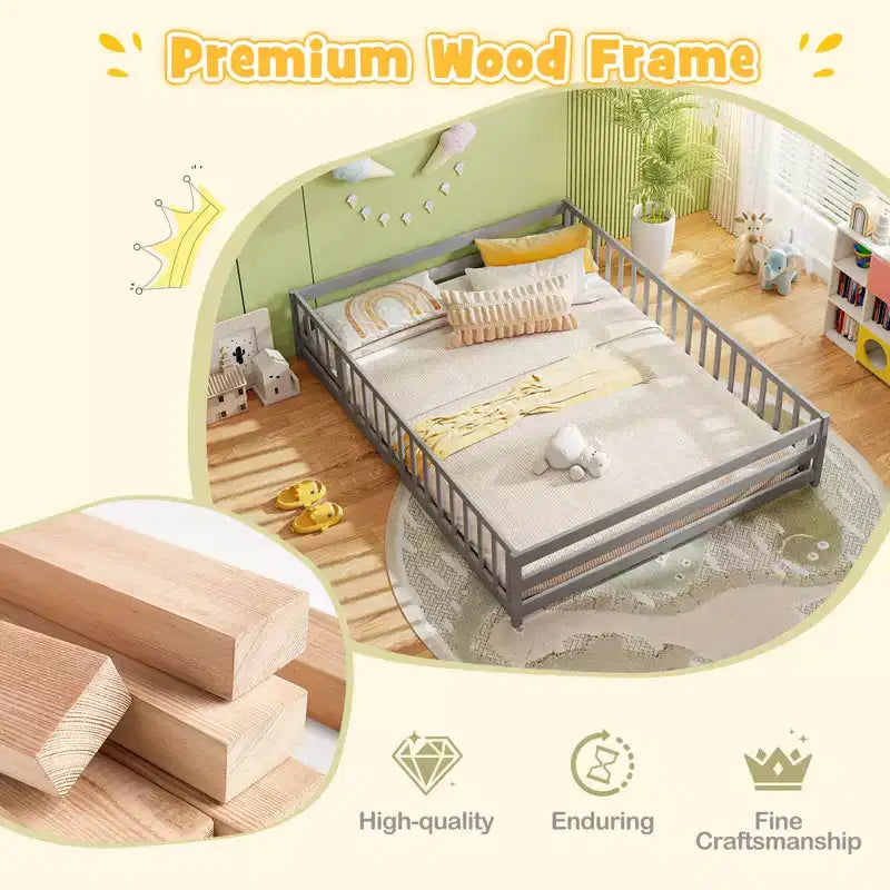 Costway Queen Size Floor Bed with Full Length Safety Guardrails & Door for Boys, Girls Pink/Gray/Natural/Icy Aqua/White/Mint Sky