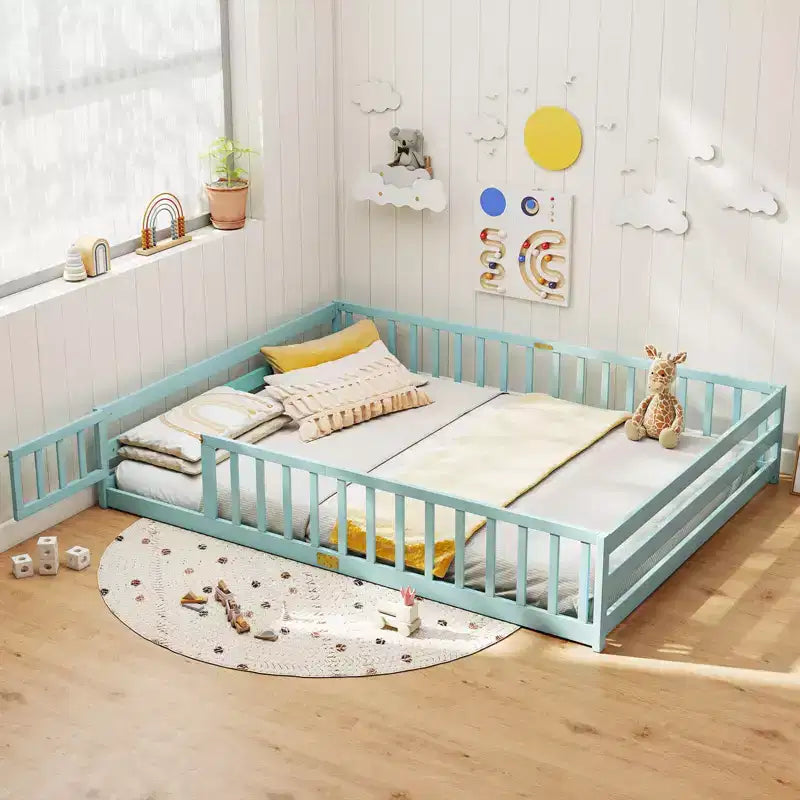 Costway Queen Size Floor Bed with Full Length Safety Guardrails & Door for Boys, Girls Pink/Gray/Natural/Icy Aqua/White/Mint Sky