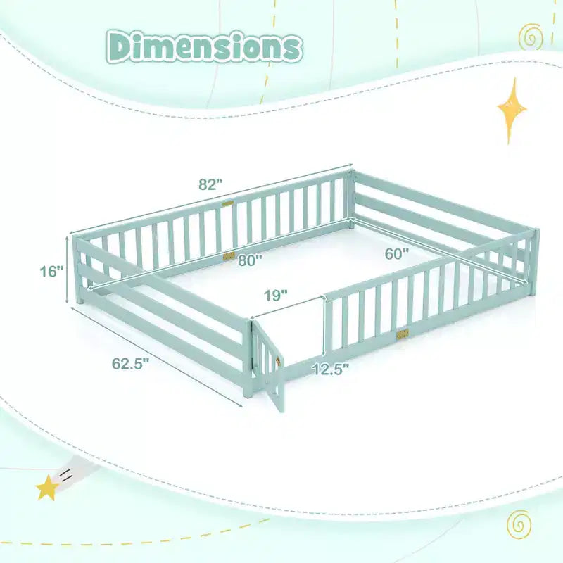 Costway Queen Size Floor Bed with Full Length Safety Guardrails & Door for Boys, Girls Pink/Gray/Natural/Icy Aqua/White/Mint Sky