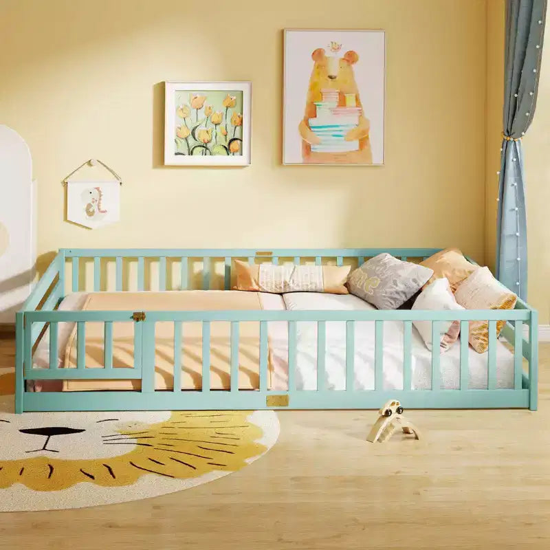 Costway Queen Size Floor Bed with Full Length Safety Guardrails & Door for Boys, Girls Pink/Gray/Natural/Icy Aqua/White/Mint Sky