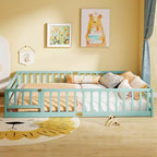 Costway Queen Size Floor Bed with Full Length Safety Guardrails & Door for Boys, Girls Pink/Gray/Natural/Icy Aqua/White/Mint Sky
