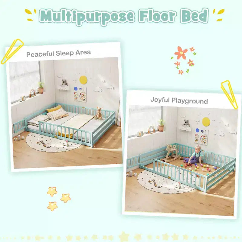 Costway Queen Size Floor Bed with Full Length Safety Guardrails & Door for Boys, Girls Pink/Gray/Natural/Icy Aqua/White/Mint Sky