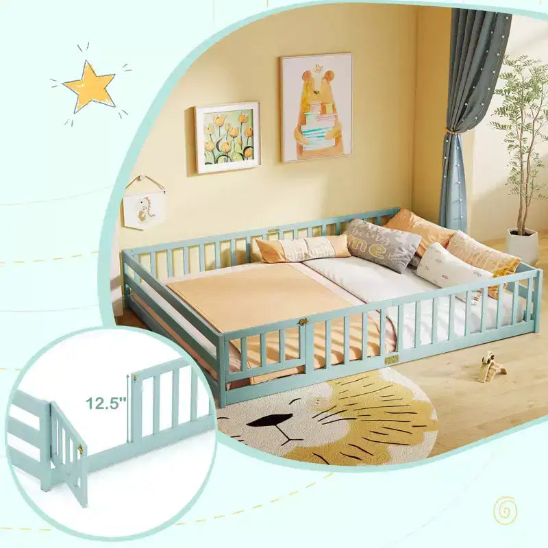 Costway Queen Size Floor Bed with Full Length Safety Guardrails & Door for Boys, Girls Pink/Gray/Natural/Icy Aqua/White/Mint Sky